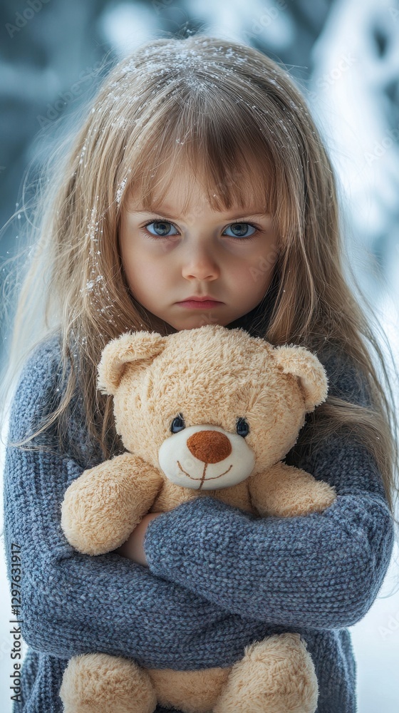 A solemn little girl with blonde hair and blue eyes embraces her teddy bear in a winter scene creating a poignant and heartwarming portrait A solemn little girl with blonde hair and blue eyes embraces her teddy bear in a winter scene creating a poignant and heartwarming portrait
