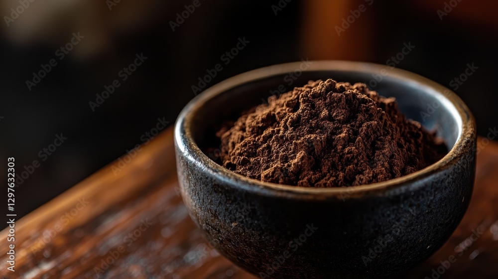 Rich Ground Coffee in Dark Bowl on Rustic Wooden Table Rich Ground Coffee in Dark Bowl on Rustic Wooden Table