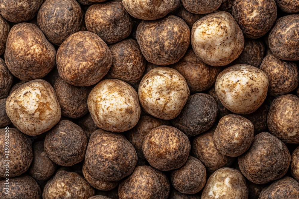 Textured earthball mushrooms in a dense cluster showcasing natural patterns and earthy tones in a close up view from above Textured earthball mushrooms in a dense cluster showcasing natural patterns and earthy tones in a close up view from above