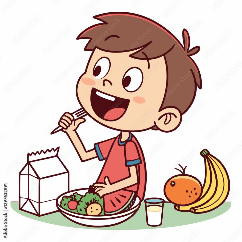 Cheerful boy enjoying a nutritious meal with a balanced diet illustration Cheerful boy enjoying a nutritious meal with a balanced diet illustration