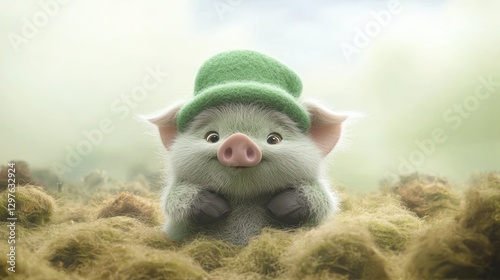 Adorable Piglet in Green Hat  St  Patrick s Day  Cute Animal  Spring photo