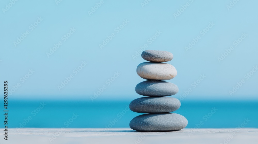 Stacked Stones on a Calm Surface Against a Tranquil Blue Background with a Scenic Ocean View Stacked Stones on a Calm Surface Against a Tranquil Blue Background with a Scenic Ocean View