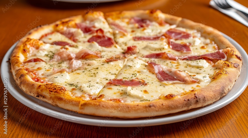 Fototapeta premium Delicious pizza with melted cheese, crispy bacon, and a thin crust, served on a white plate. The warm lighting enhances its appetizing appearance