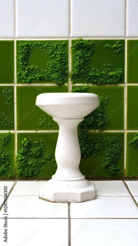 White Pedestal Sink Against Green Tiled Wall Displaying Moss Growth and Organic Texture on Ceramic