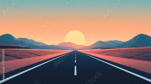 A straight road leading into the distance, mountains in the background