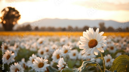 Sunlit Daisy Field at Sunset  Tranquil Nature Scene