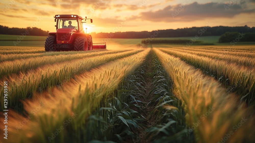 Fototapeta premium Tractor Farming at Sunset in Lush Wheat Fields
