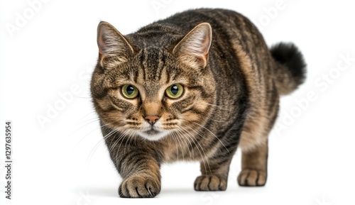 Brown tabby cat with green eyes walking towards the camera on a white background. The cat has a stocky build and appears alert