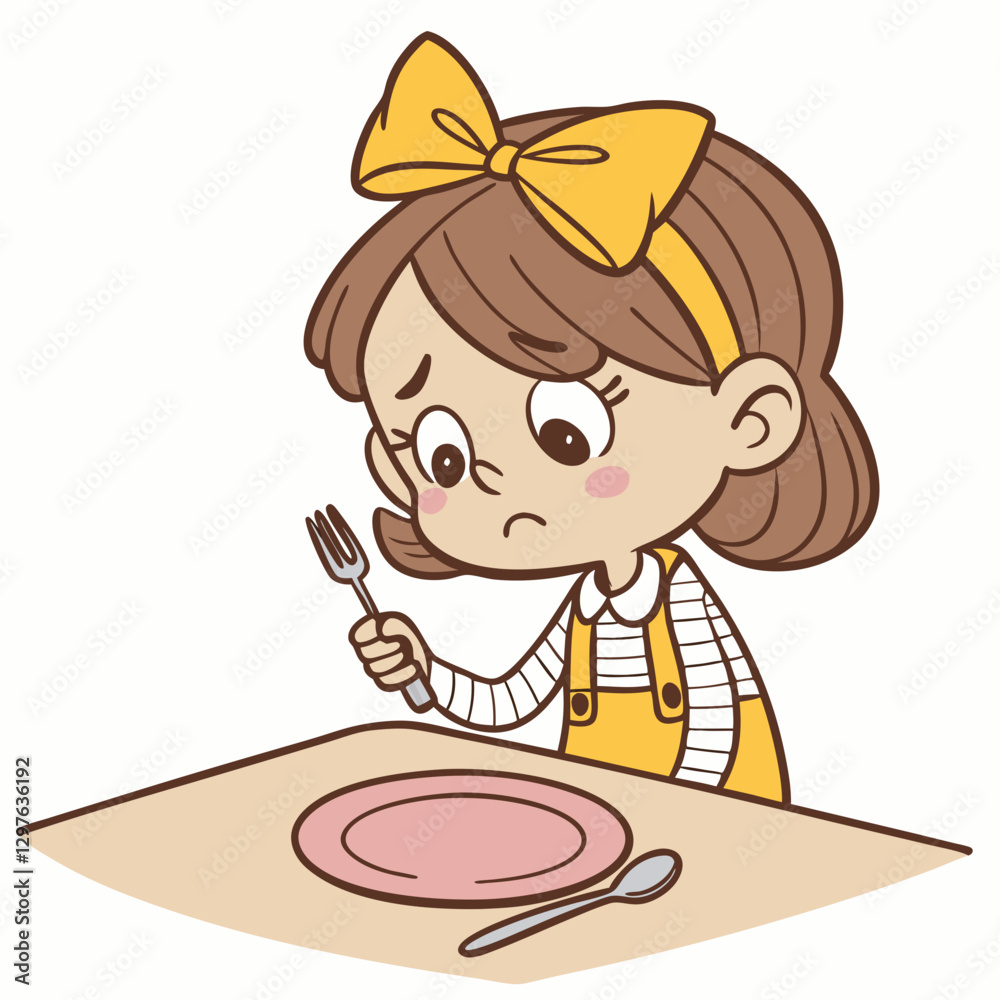 Frustrated little girl looking at an empty plate with fork in hand Frustrated little girl looking at an empty plate with fork in hand
