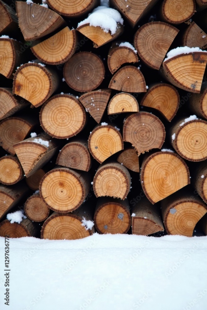 Fototapeta premium A Winter's Stack of Seasoned Wood Logs Resting on a Blanket of Fresh Snow