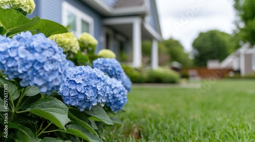 Hydrangea blossoms in front of a blue house