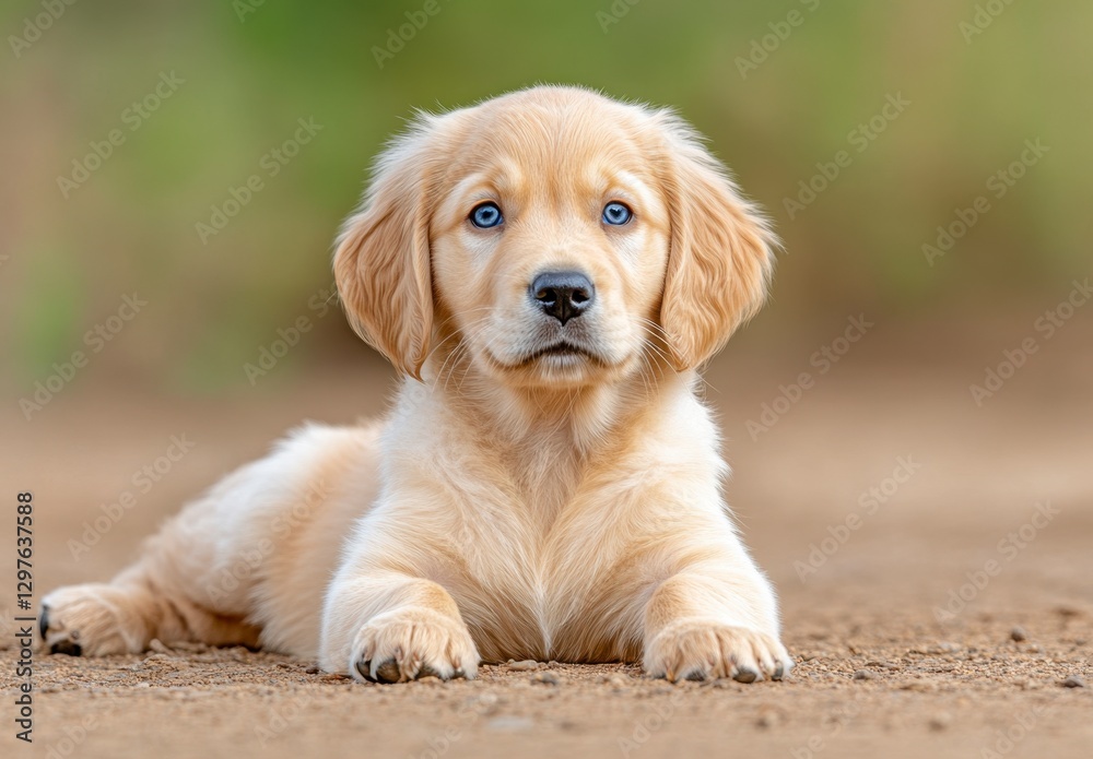 Adorable golden retriever puppy with bright blue eyes lies on the ground, looking directly at the camera. Soft, natural lighting illuminates its Adorable golden retriever puppy with bright blue eyes lies on the ground, looking directly at the camera. Soft, natural lighting illuminates its