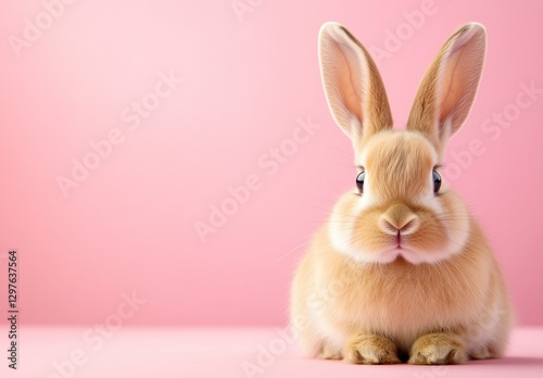 Adorable light brown bunny rabbit sitting against a soft pink background. The rabbit is looking directly at the camera with a curious expression. The