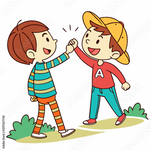 Two Happy Cartoon Boys Celebrating Success with a High-Five Gesture Together