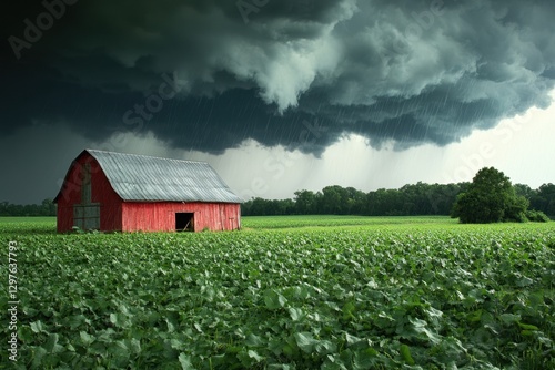 Dramatic rural landscape featuring a red barn under a stormy sky with rain falling on a green field agriculture