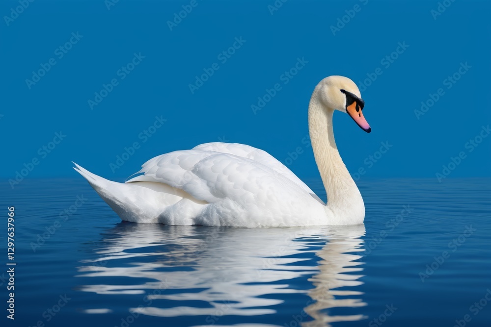 there is a white swan floating on the water with a blue sky in the background there is a white swan floating on the water with a blue sky in the background