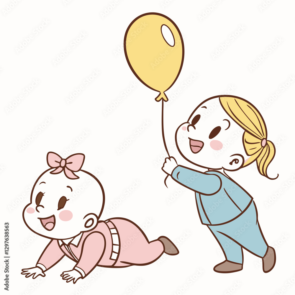 Joyful playtime featuring two cute babies with a yellow balloon illustration Joyful playtime featuring two cute babies with a yellow balloon illustration