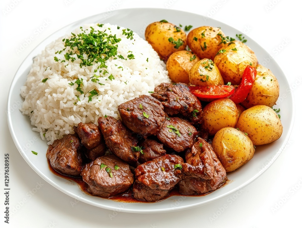 Delicious beef and potato meal with rice home kitchen food photography bright environment close-up culinary art Delicious beef and potato meal with rice home kitchen food photography bright environment close-up culinary art