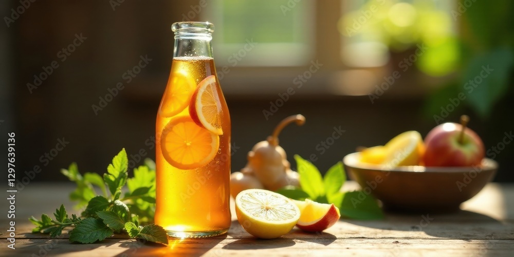 Refreshing Homemade Citrus Beverage in a Glass Bottle on Rustic Wooden Table Refreshing Homemade Citrus Beverage in a Glass Bottle on Rustic Wooden Table