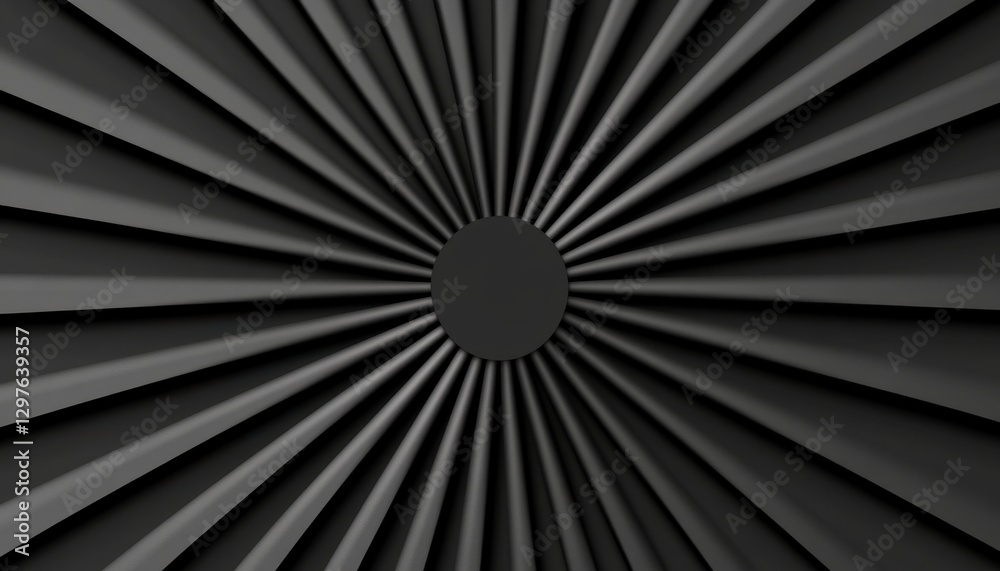 Obraz premium Abstract monochrome background with radiating dark gray lines converging towards a central black circle. The texture is subtly embossed, creating a