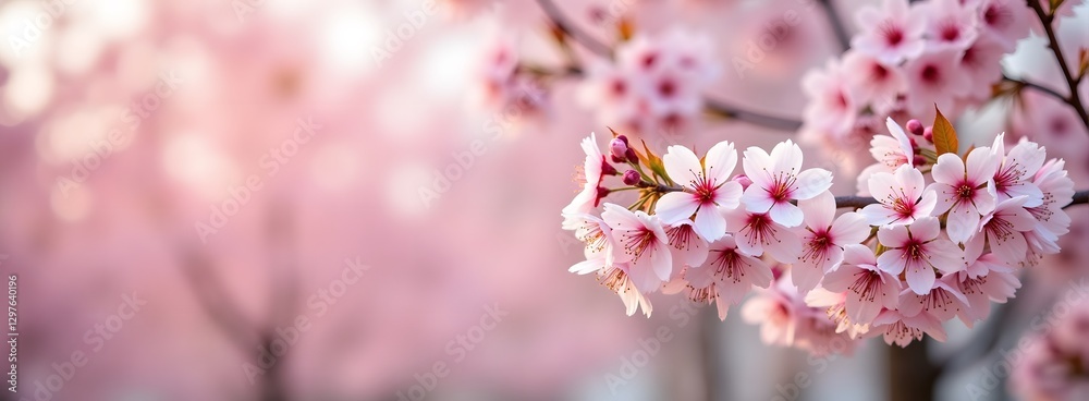Close-up of blooming cherry blossoms on branch in soft pink garden Close-up of blooming cherry blossoms on branch in soft pink garden