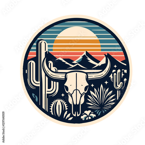 vector bull skull, cacti, mountains, and a setting sun t-shirt