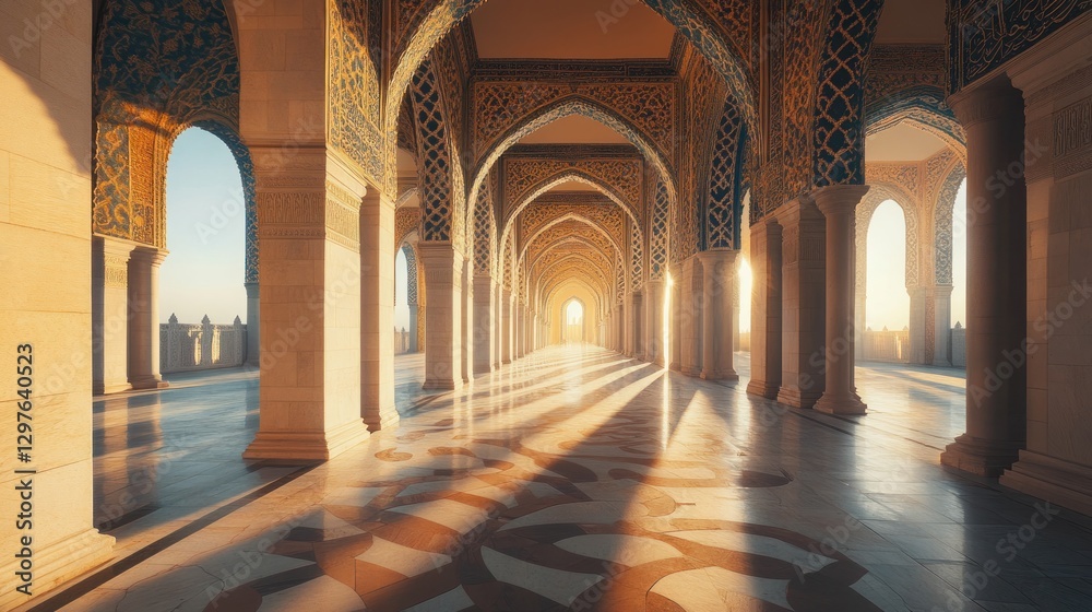 Obraz premium Golden Hour at the Hassan II Mosque: A Serene Architectural Masterpiece