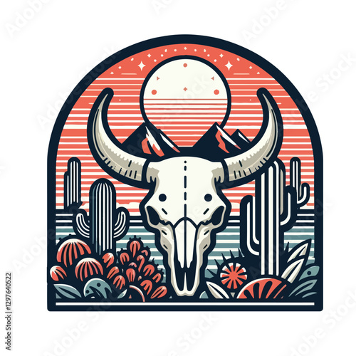 vector bull skull, cacti, mountains, and a setting sun t-shirt