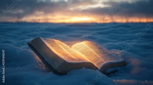 Open Book Glowing in Winter Sunset Snow