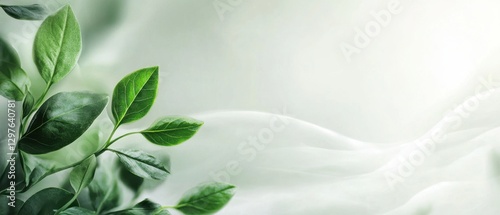 Fresh green leaves on soft white background creating a serene natural and organic atmosphere ideal for wellness and eco friendly themes