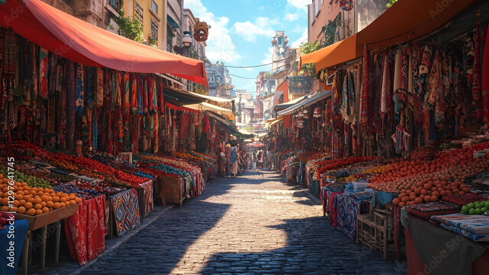 Fototapeta premium vibrant street market with colorful textiles and fresh produce under bright canopies, creating lively atmosphere. cobblestone path adds rustic charm to bustling scene