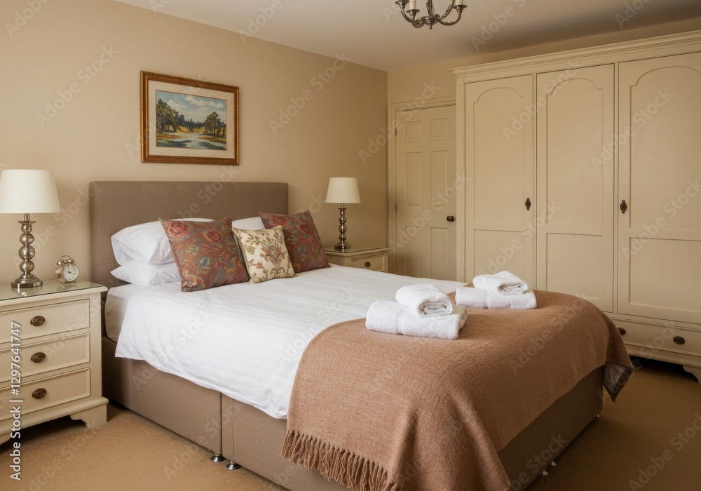 Fototapeta premium Cinnamon Slate Cream Bedroom design Traditional Cottagecore decor