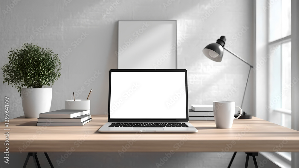 modern workspace with laptop on wooden desk, surrounded by books, potted plant, lamp, and coffee mug, all set against bright window modern workspace with laptop on wooden desk, surrounded by books, potted plant, lamp, and coffee mug, all set against bright window