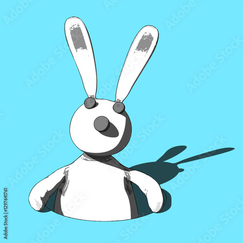Stylized white bunny illustration peeking out from a hole on a vibrant blue setting.