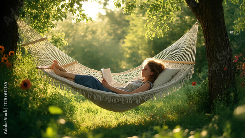 woman relaxes in hammock reading book in sunlit garden, surrounded by lush greenery and flowers, enjoying peaceful afternoon