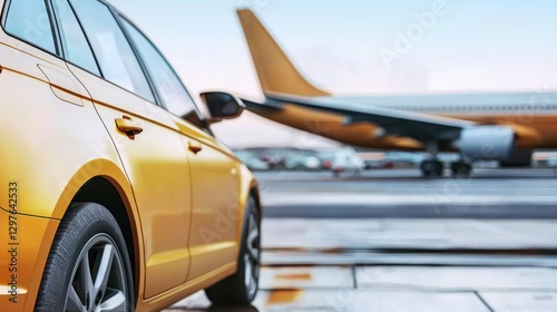 Dynamic car and airplane scene at airport travel photography urban environment close-up perspective