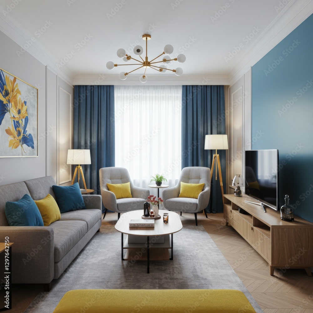 Fototapeta premium soft Blue grey yellow Living Room design Zen Art Deco decor