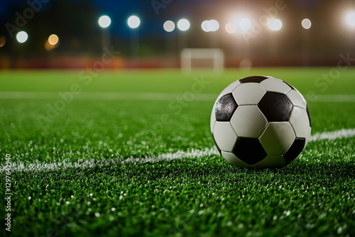 A close-up of a wet football ball on the field under the rain, glistening water droplets reflecting the glow of stadium floodlights.
