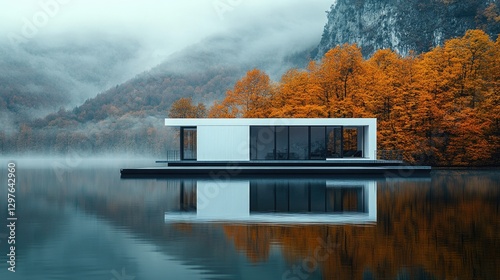 Fototapeta Naklejka Na Ścianę i Meble -  A modern minimalist building floats serenely on a reflective lake