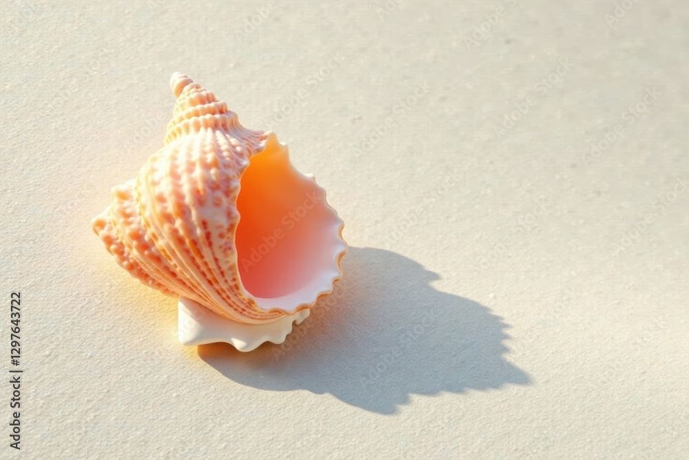 A Delicate Pink Seashell Casts a Shadow on a Soft Sandy Surface, a Symbol of Coastal Serenity and Summertime Memories A Delicate Pink Seashell Casts a Shadow on a Soft Sandy Surface, a Symbol of Coastal Serenity and Summertime Memories