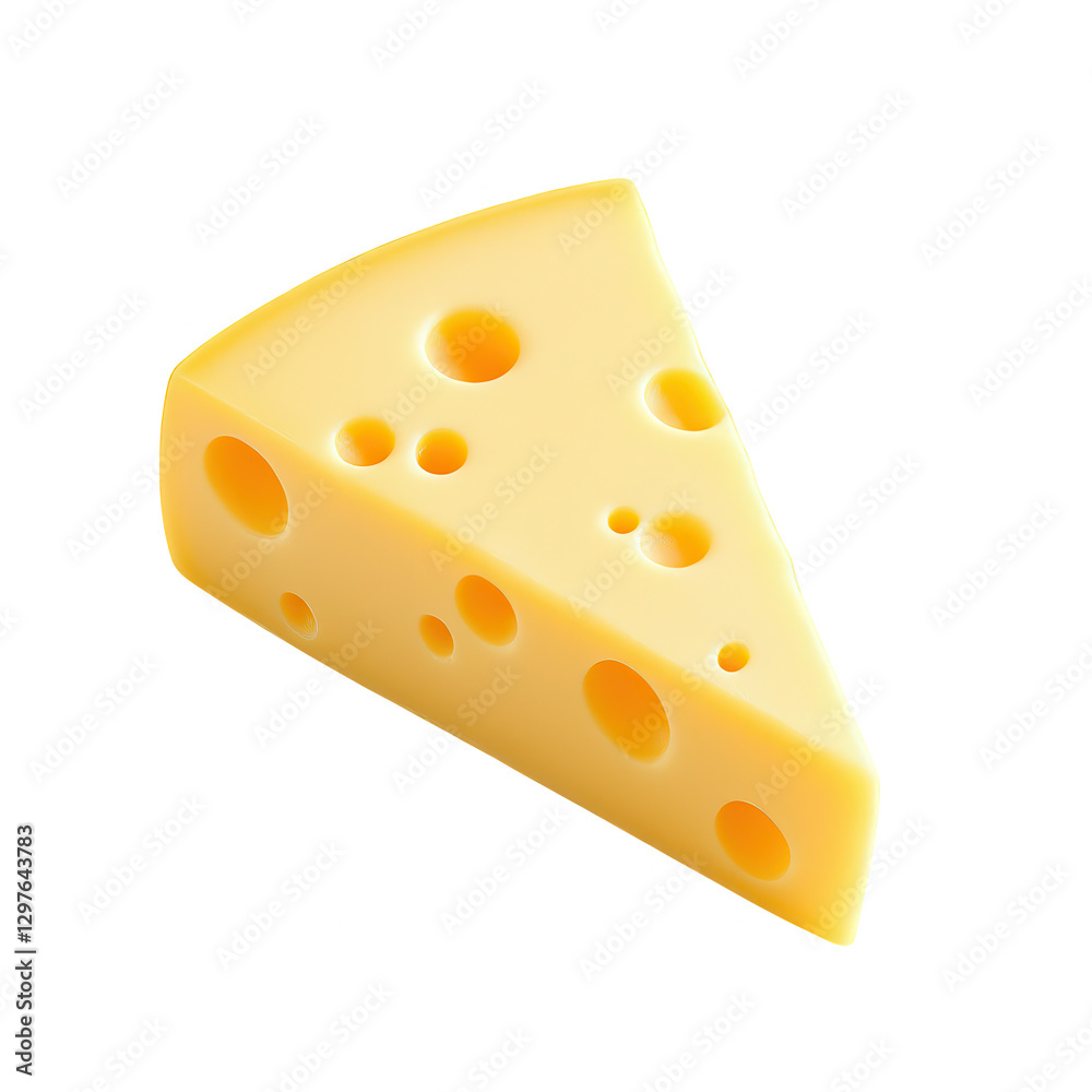 A realistic wedge of Swiss cheese with signature round holes, smooth texture, and a rich yellow color. Perfect for culinary designs, dairy products, and food-related concepts. A realistic wedge of Swiss cheese with signature round holes, smooth texture, and a rich yellow color. Perfect for culinary designs, dairy products, and food-related concepts.