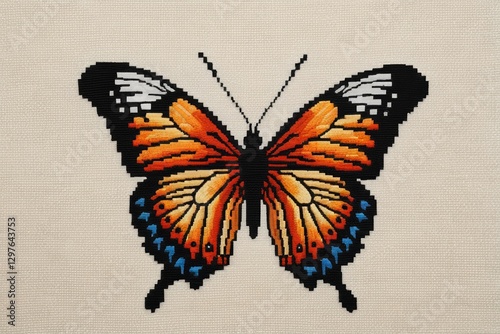 a close up of a cross stitch butterfly on a white surface
