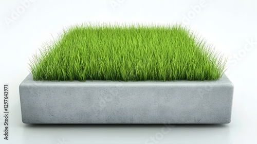 Lush green grass growing in a modern concrete planter, showcasing urban gardening aesthetics