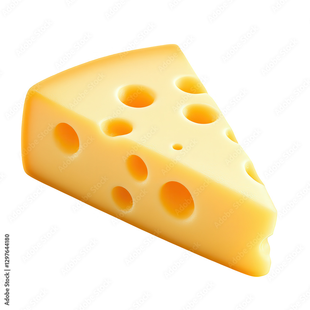 A realistic wedge of Swiss cheese with signature round holes, smooth texture, and a rich yellow color. Perfect for culinary designs, dairy products, and food-related concepts. A realistic wedge of Swiss cheese with signature round holes, smooth texture, and a rich yellow color. Perfect for culinary designs, dairy products, and food-related concepts.