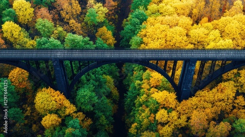 Aerial view of a bridge spanning vibrant autumn foliage in various shades of green and yellow, showcasing the beauty of nature in transition.