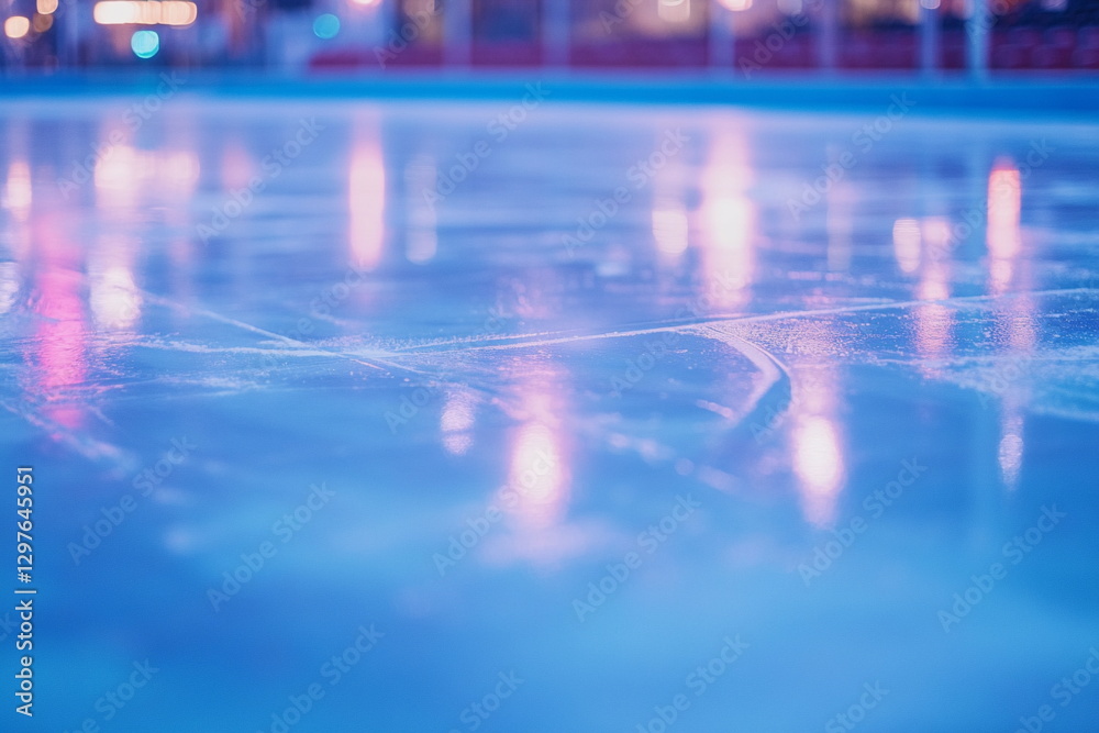 Fototapeta premium A freshly resurfaced ice rink with subtle skate marks, illuminated by arena lighting. A powerful image symbolizing competition, practice, and the energy of winter sports.