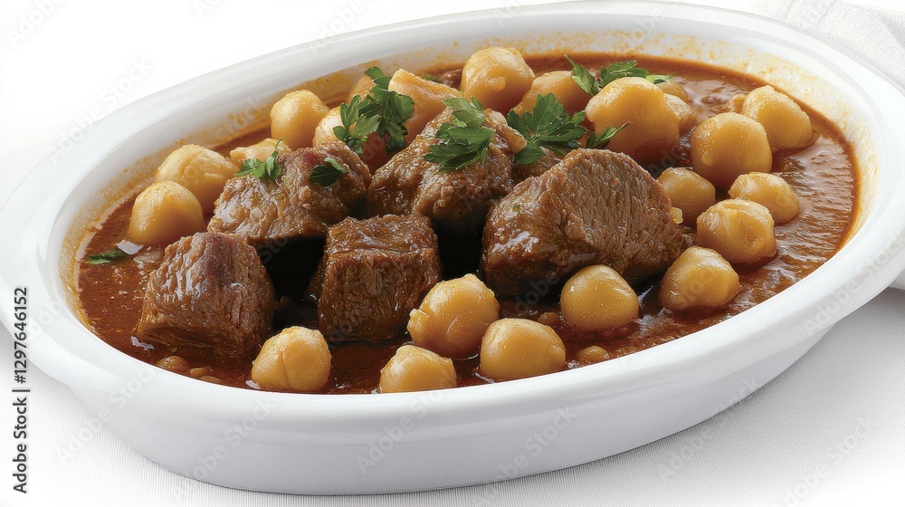 Delicious beef and chickpea stew home kitchen food photography bright and clean environment top view culinary delight Delicious beef and chickpea stew home kitchen food photography bright and clean environment top view culinary delight