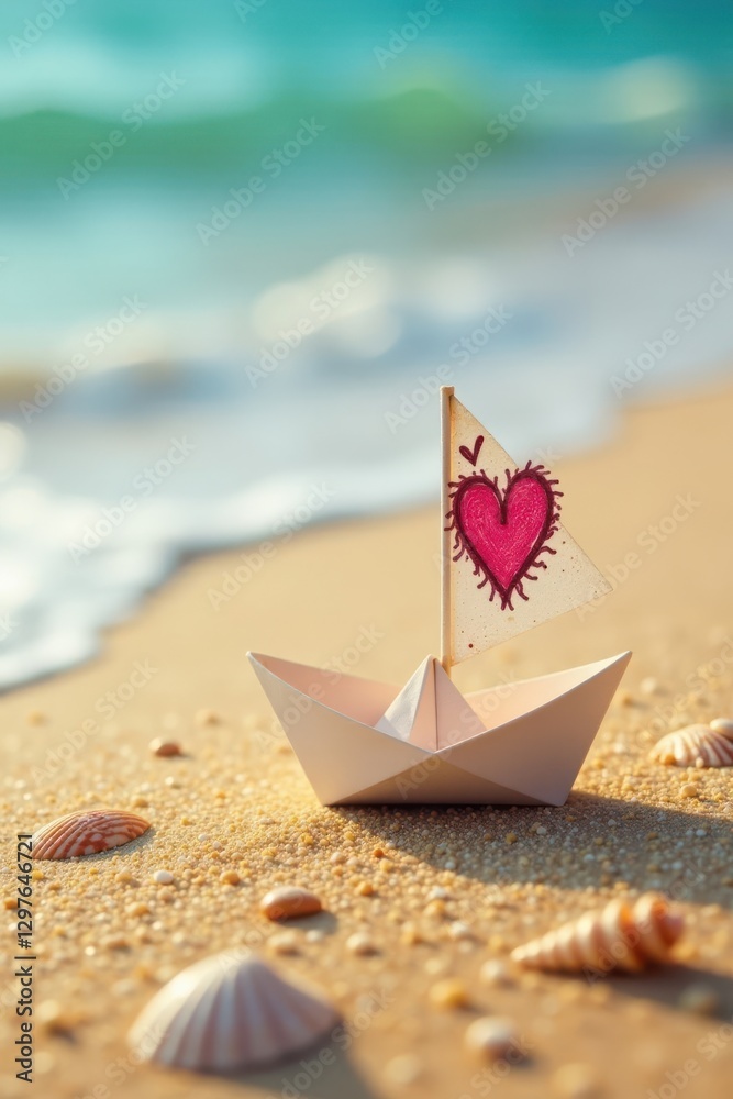 A delicate origami sailboat with a hand-drawn heart on its sail rests gently on a sun-kissed sandy shore, near seashells, beside a tranquil ocean. A delicate origami sailboat with a hand-drawn heart on its sail rests gently on a sun-kissed sandy shore, near seashells, beside a tranquil ocean.