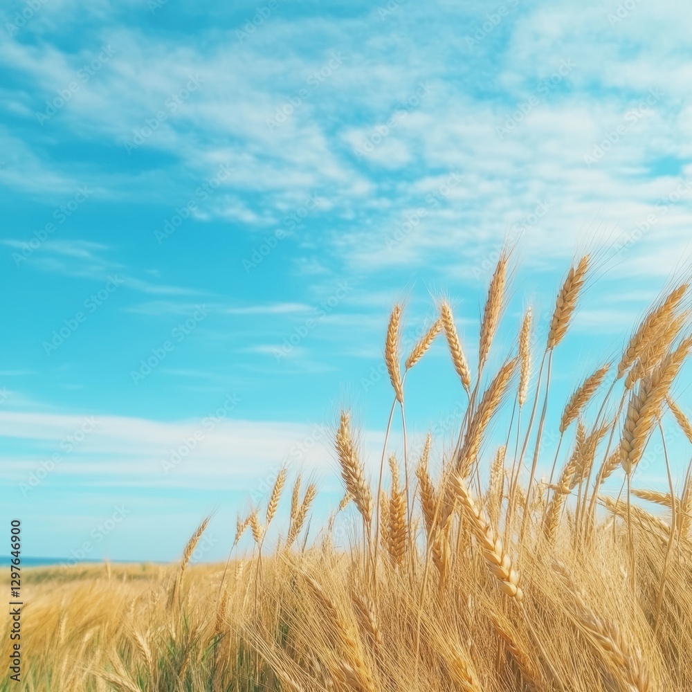 Fototapeta premium Golden wheat field under blue sky.