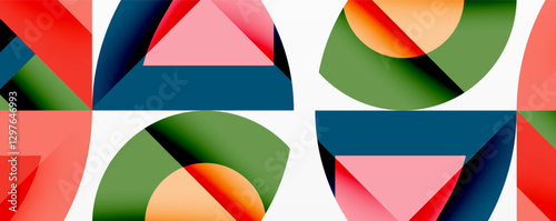 Abstract geometric composition with interlocking circular and angular shapes, featuring smooth gradients and sharp contrasts on a white background